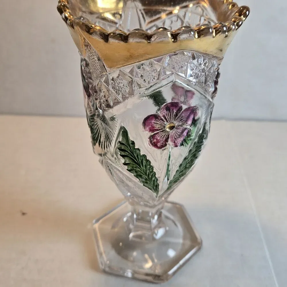 Vintage EAPG Scalloped Vase - Hand-Painted Purple Pansy & Gold Flash Rim